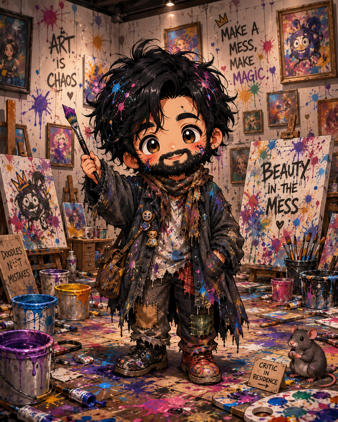 Cute chibi painter in a chaotic gallery with a rat in the corner